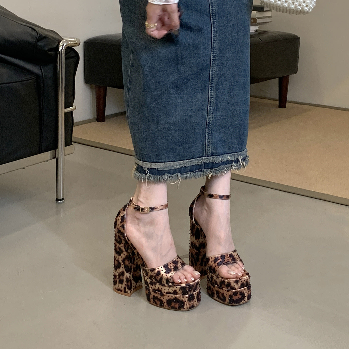 Women's Leopard Print Peep Toe Chunky Sexy High Heeled Sandals
