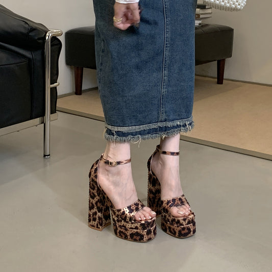 Women's Leopard Print Peep Toe Chunky Sexy High Heeled Sandals