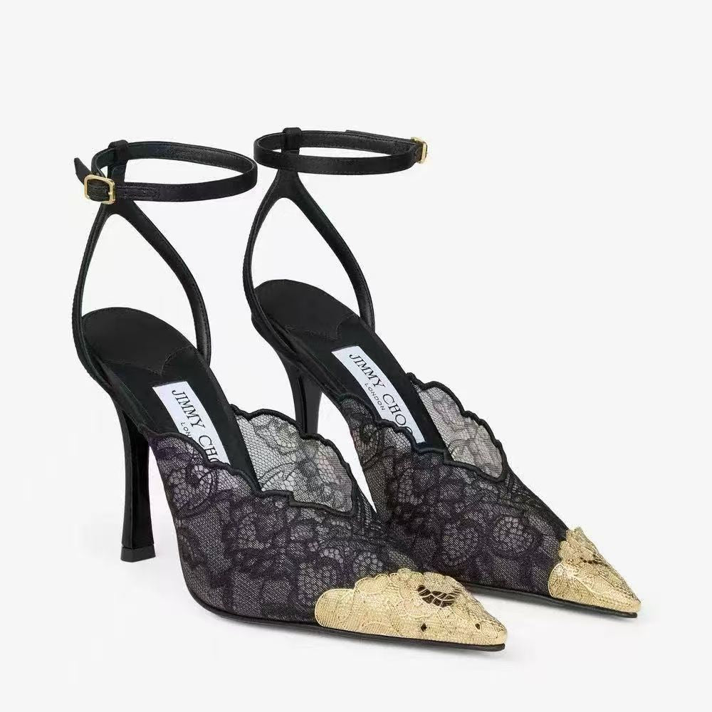 Stiletto Female Word Buckle French Lace Ribbon Banquet Women's Fashion Shoes