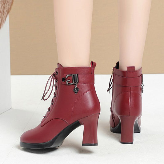 Women's & Men's High Short Fleece Thick Side Zipper Women's Leather Boots