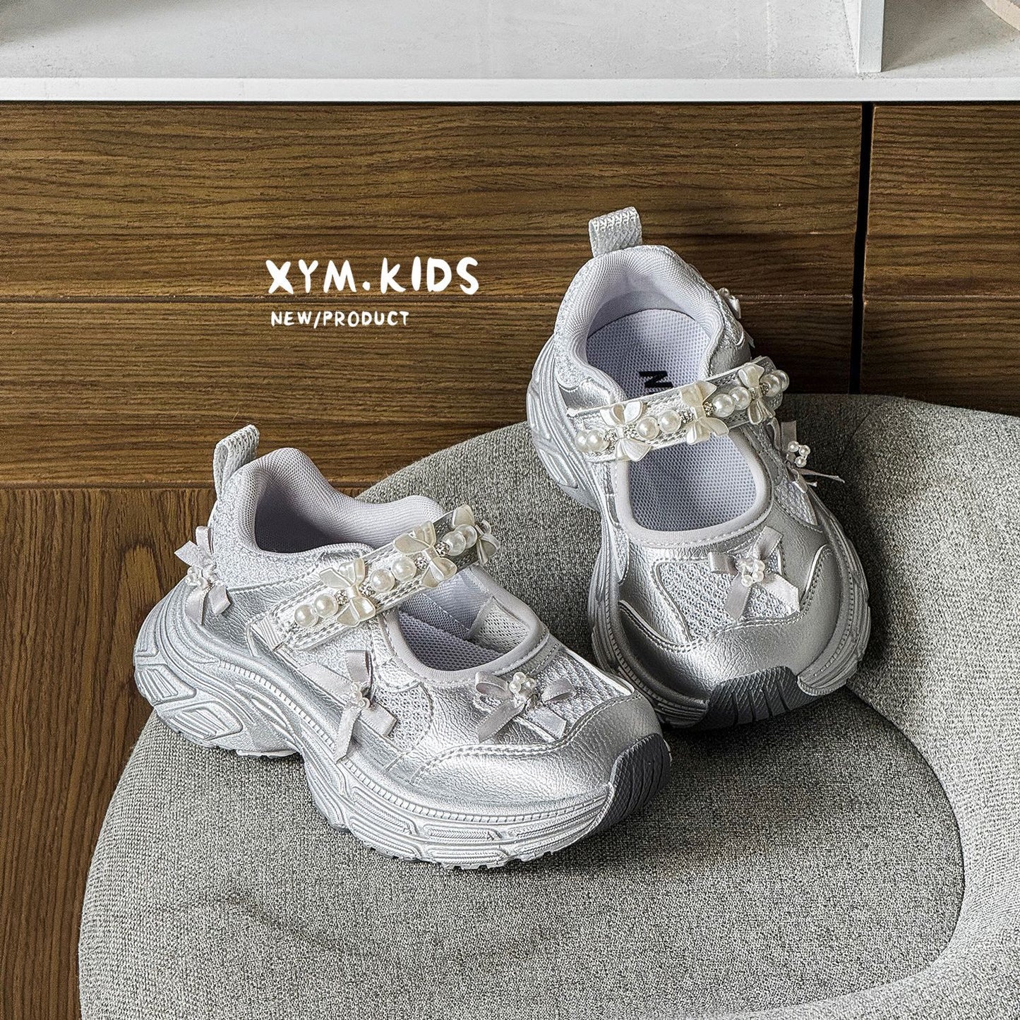 Children's Spring Korean Pearl Bow Lightweight Breathable Children's Sports Shoes