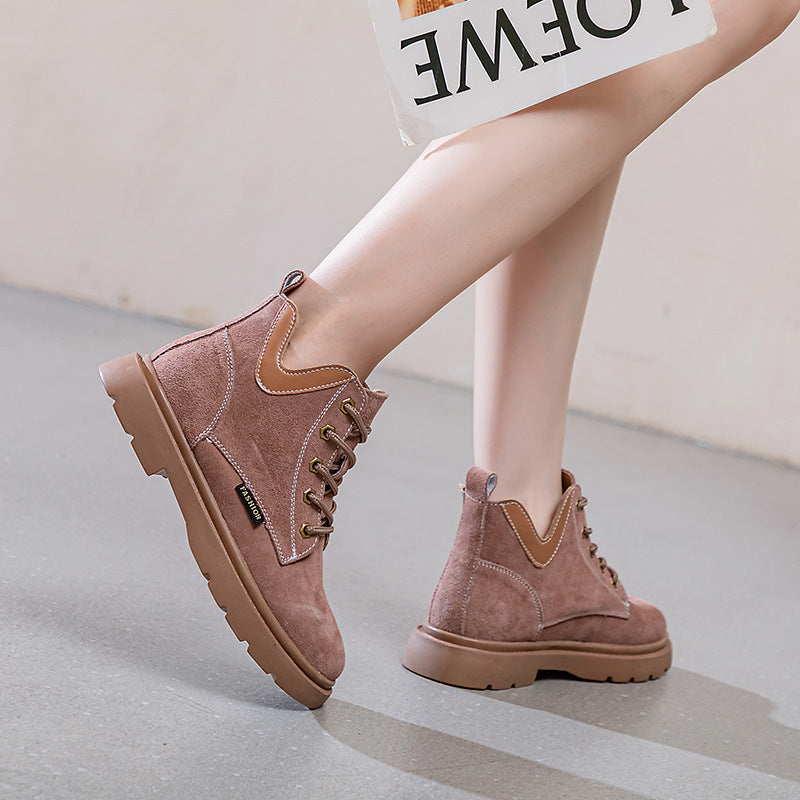Women's Fleece-lined Martin Cowhide Flat Booties Plus Boots