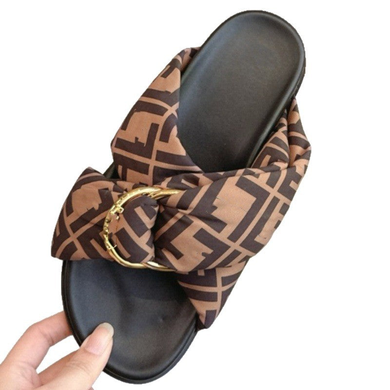 Summer F Home Retro Cross Metal Buckle Bread Flat Slippers
