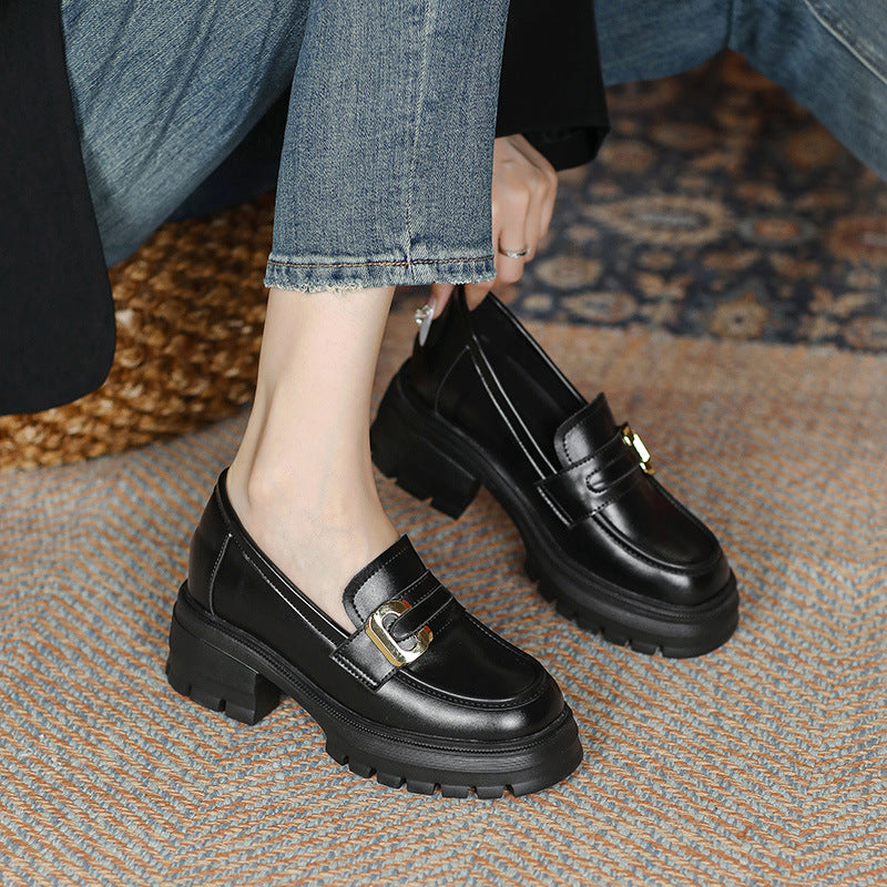Women's Chunky Platform Retro British Style Small Leather Shoes