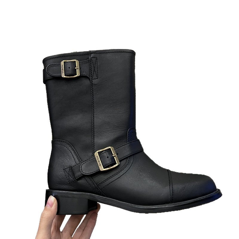 Cowhide Martin Autumn Retro Minority Thick Low Middle Western Women's Leather Boots