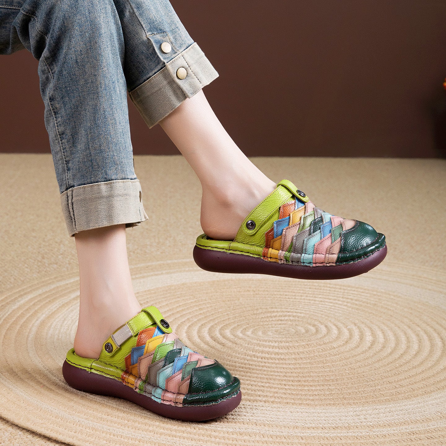 Women's Handmade Genuine Outer Wear Ethnic Style Rainbow Dual-purpose Toe Slippers