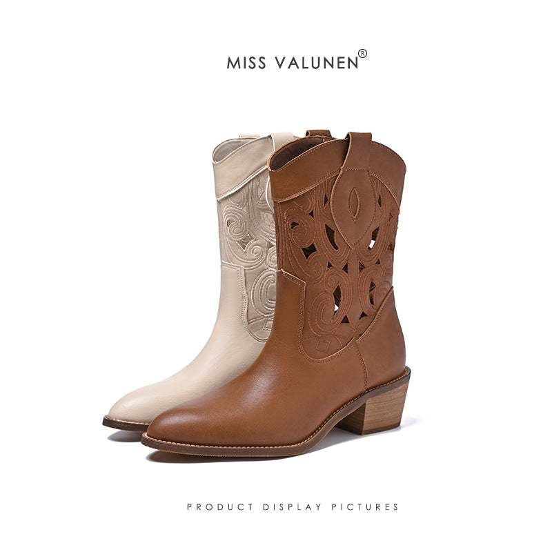 Women's Miss Warren Summer Hollow Out Western Cowboy Vintage Women's Leather Boots