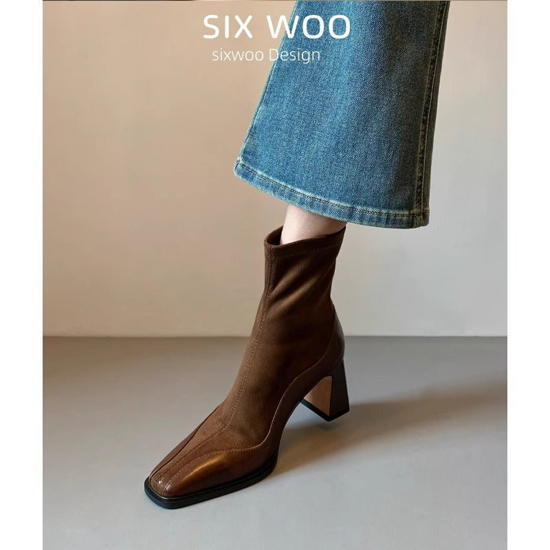 Women's French Style Skinny High-heeled With Short Tube Square Toe Martin Boots
