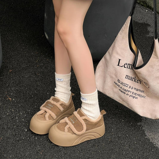 Women's Matte Retro Fluffy Winter Velcro Fleece-lined Sneakers