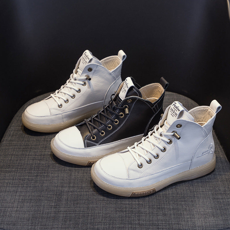 Women's High Top White Flat Mori Board Layer Cowhide Casual Shoes