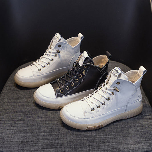 Women's High Top White Flat Mori Board Layer Cowhide Casual Shoes
