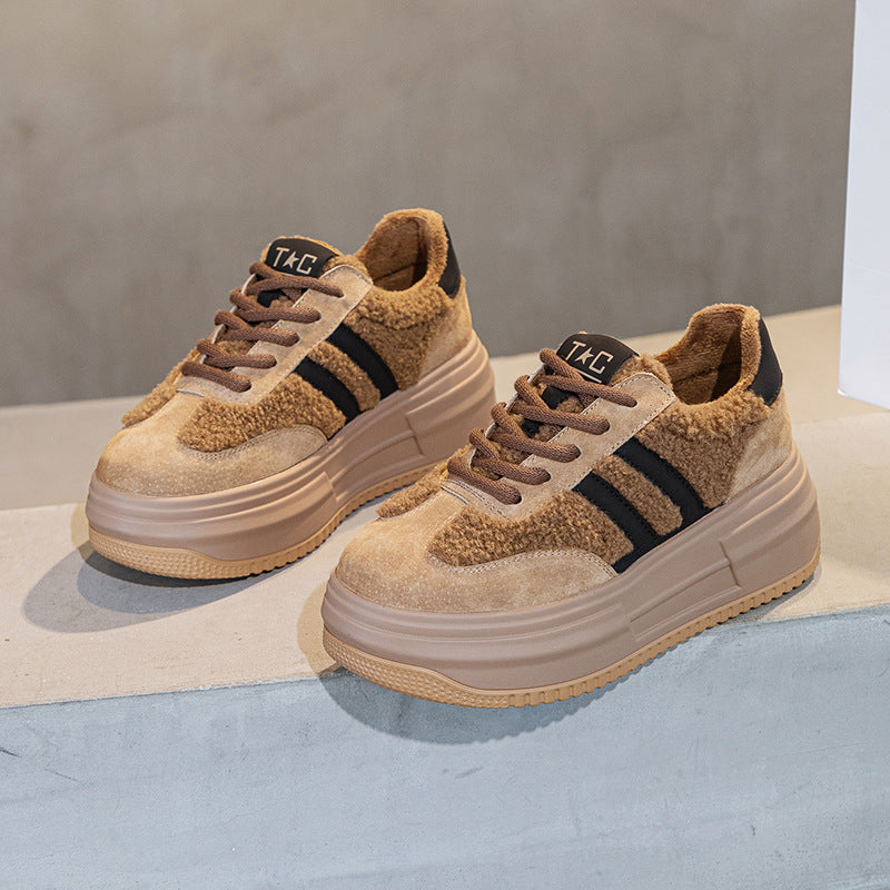 Women's Cotton Platform Height Increasing Insole Genuine Lamb Fur Sneakers