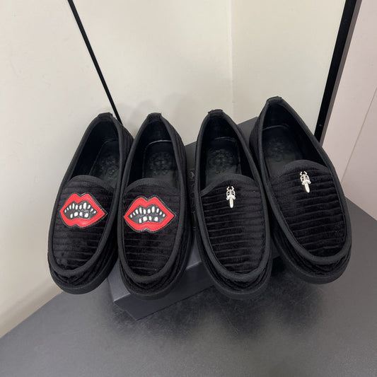 Black Corduroy Sword Red Lip Round Head Heels