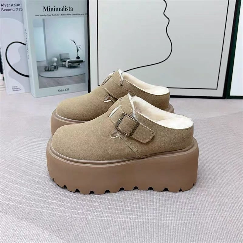 Women's Increasing Insole Closed Toe Half Fleece-lined Platform Slip-on Thick-soles Slippers