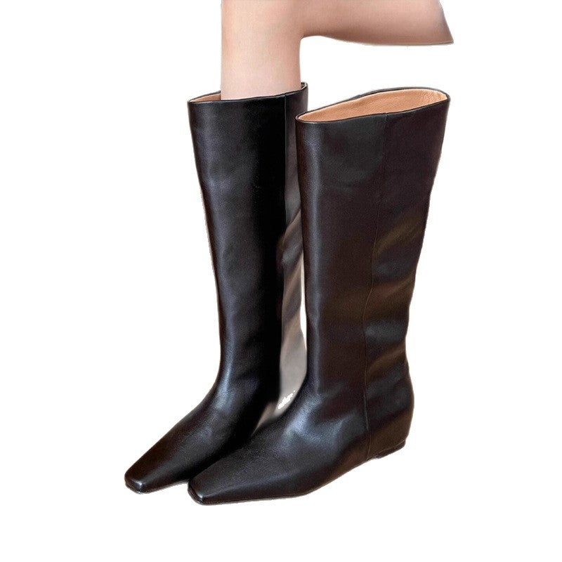 Height Increasing Insole Square Head Temperament High Women's Leather Boots