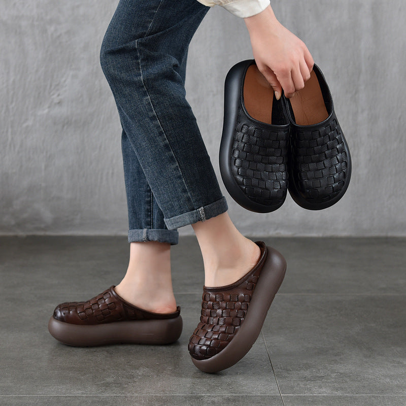 Women's Cowhide Vintage Hand-woven Closed Toe Light Outer Wear Thick Bottom Heels