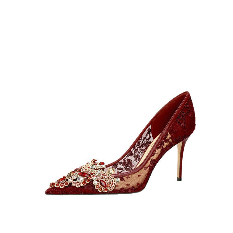 Women's Sheepskin Sexy High Red Bridal Wedding Elegant Colored Brick Pointed Women's Fashion Shoes