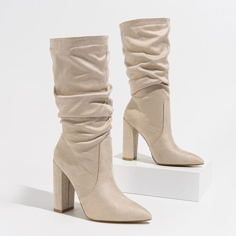 Women's Slip-on Winter Fashionable Chunky High-heel Fashion Comfortable Women's Leather Boots