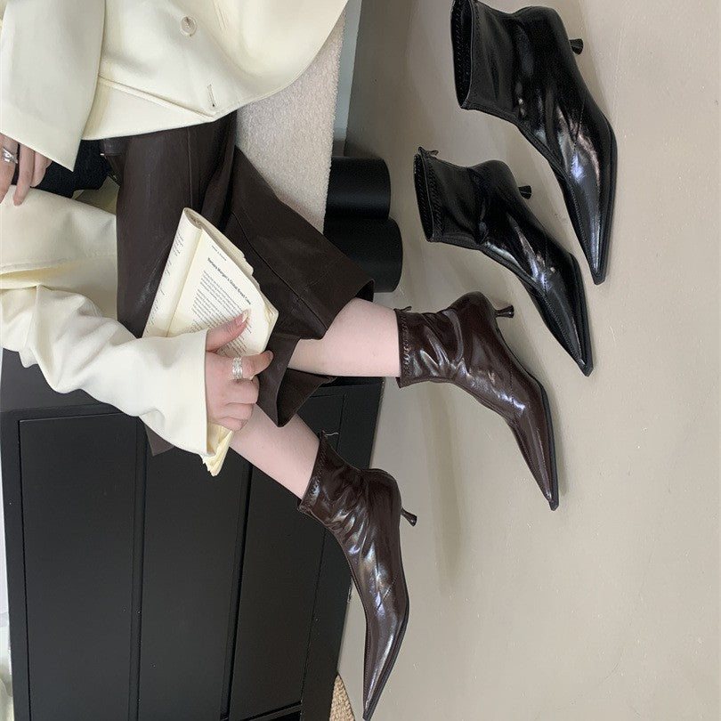 Women's High-heeled Skinny French Stiletto Retro Back Zip Soft Ankle Women's Leather Boots