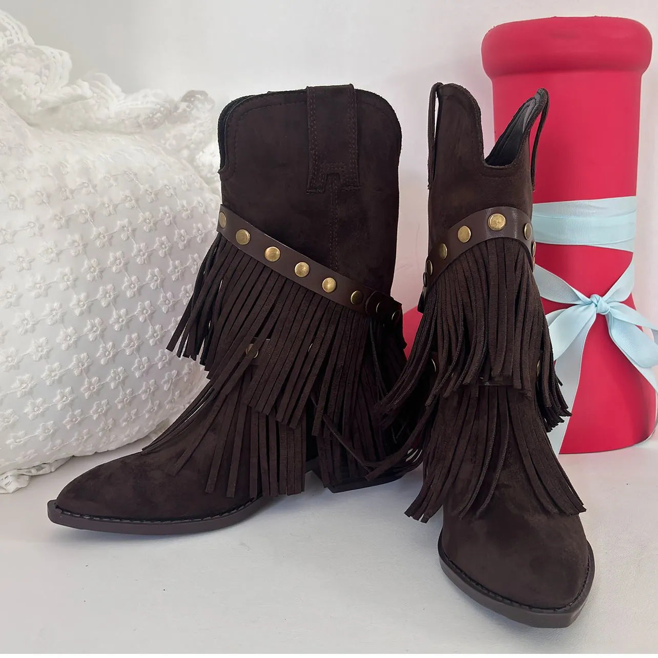 Women's Tassel Western Cowboy Pointed Toe Chunky Fashion Detachable Two-way Women's Leather Boots