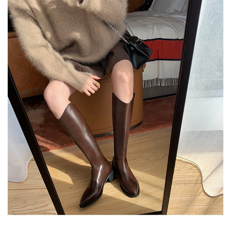 Long V Cut Milk Tea Brown Chunky Female Winter Small Women's Leather Boots