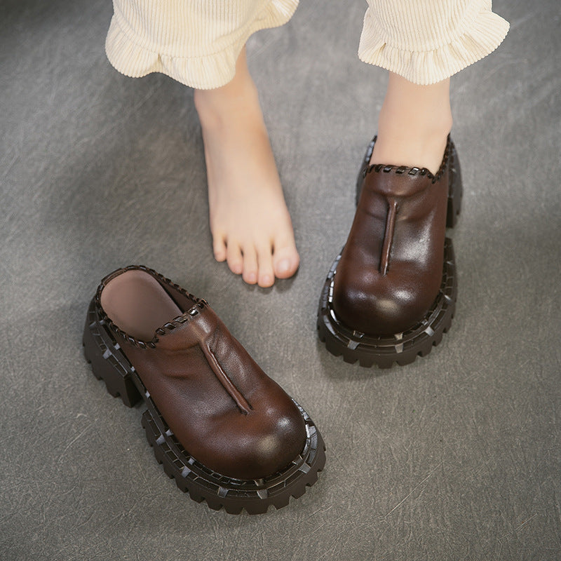 Women's Retro First Layer Cowhide Closed Toe Half Increased Comfortable Slip-on Thick-soles Slippers