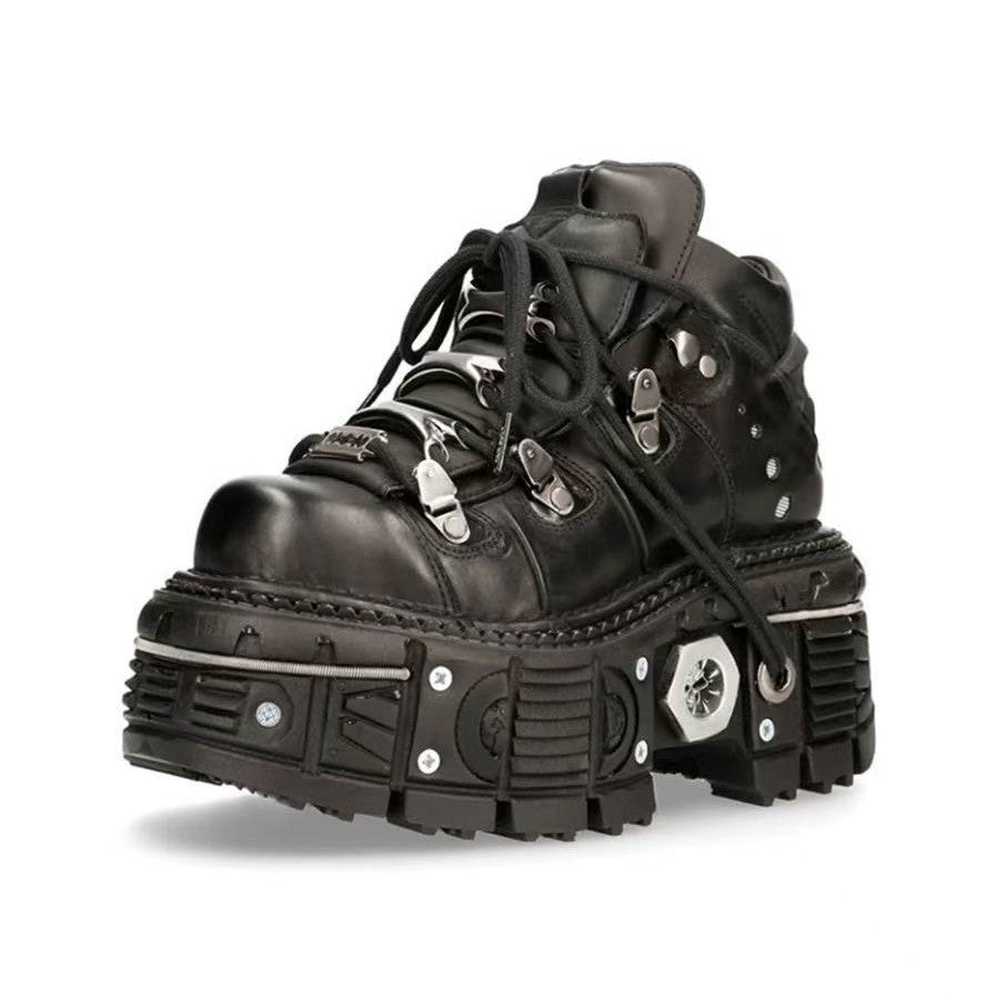 Women's & Men's Retro Spanish Tank Bottom Metal Platform Dark Leather Shoes