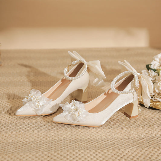Women's Apricot High Chunky Pointed Toe Bridal Wedding Banquet Heels