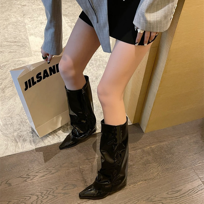 Women's Niche Slope High-heeled Thigh Black Thin Women's Leather Boots