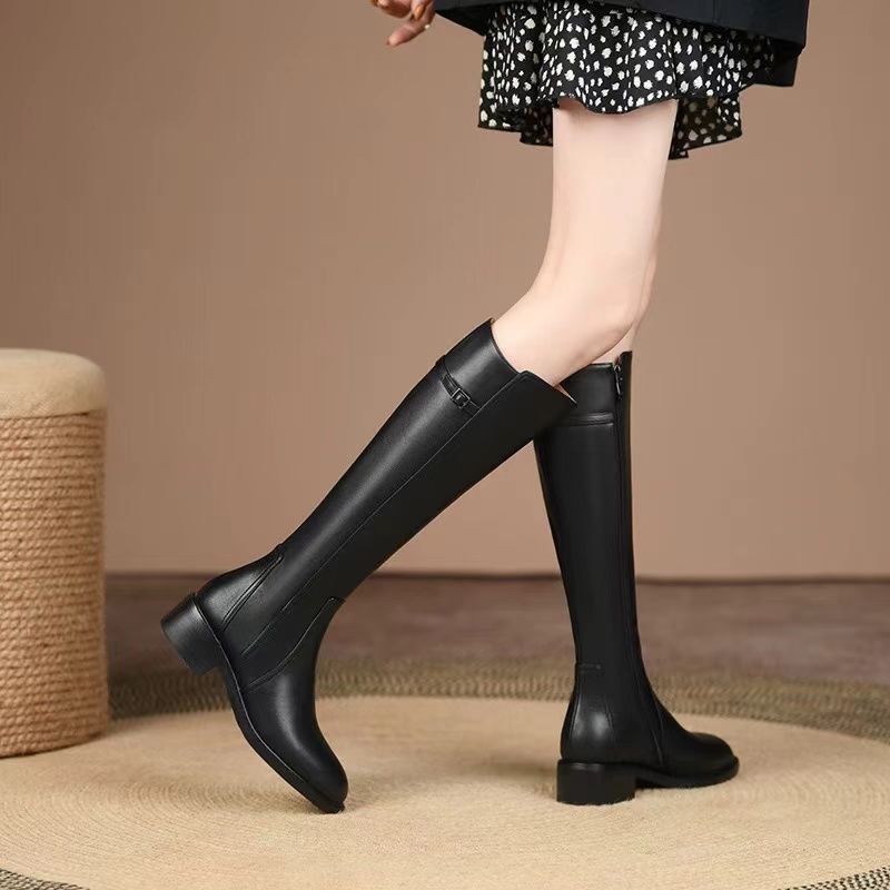 Women's Retro Brown Square Toe Chunky Below The Knee Side Heels
