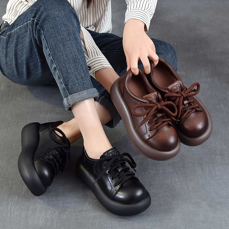 Women's Platform High Pumps First Layer Cowhide Retro Women's Casual Shoes