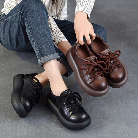 Women's Platform High Pumps First Layer Cowhide Retro Women's Casual Shoes
