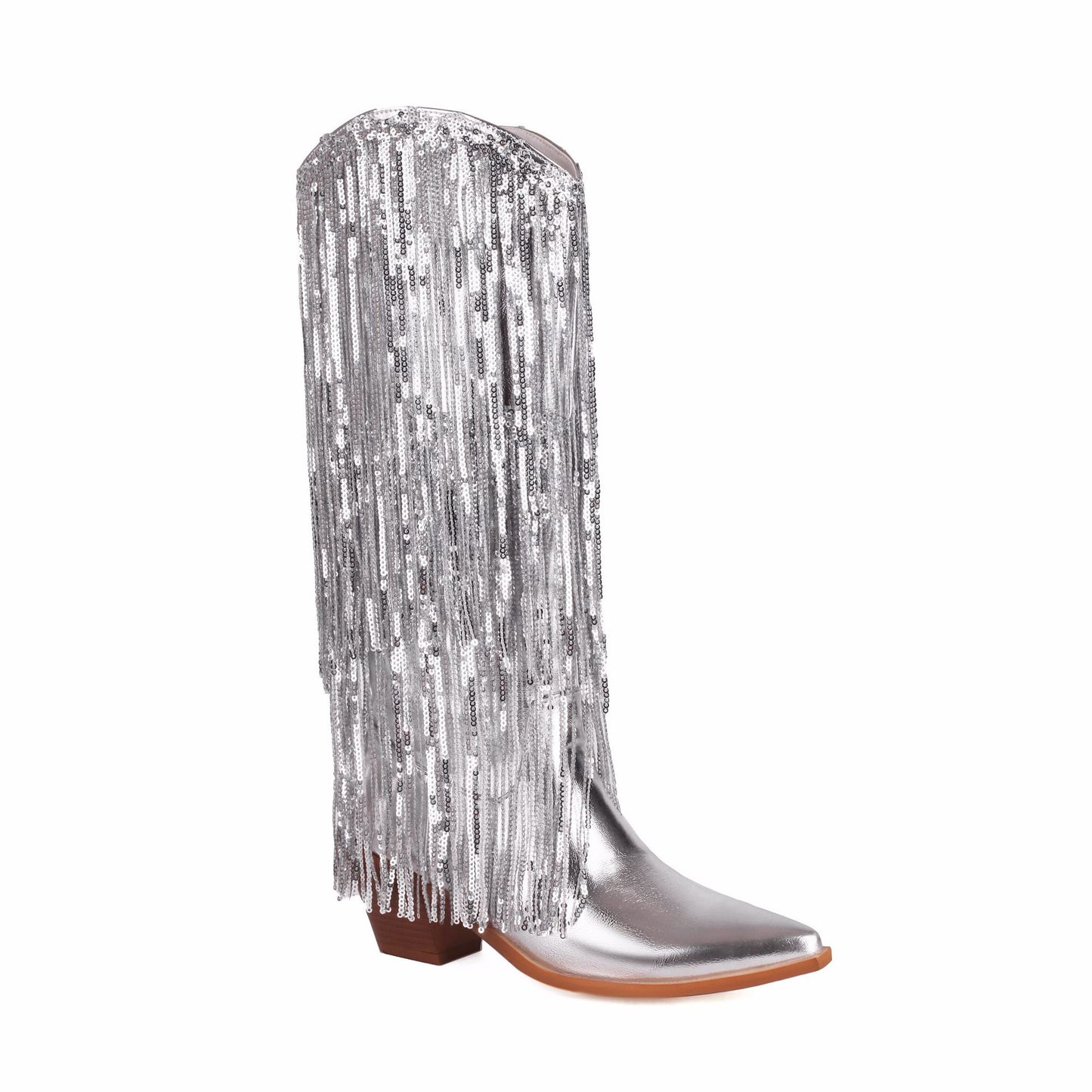 Women's Size Sequined Tassel Pointed Thick High Women's Leather Boots