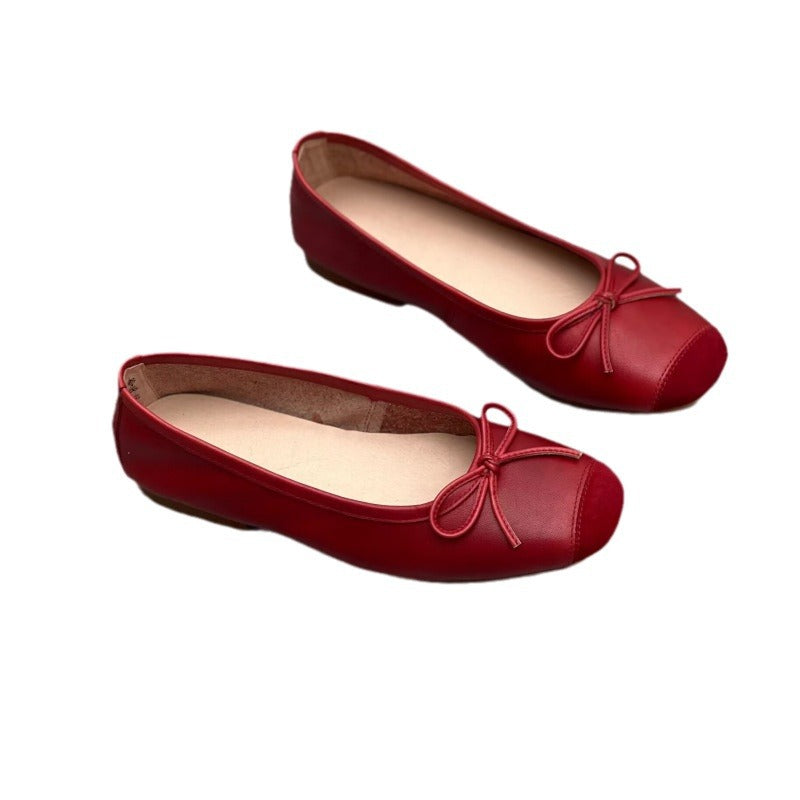 Toe Pumps Four Flat Bottom Low-cut Bowknot Soft Cowhide Female Women's Casual Shoes