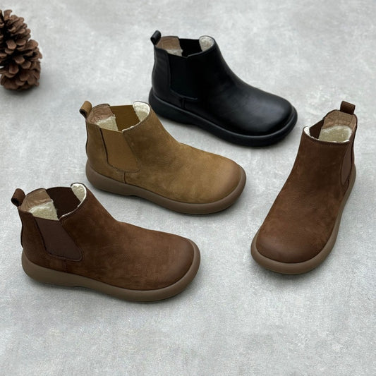 Women's Handmade Art Genuine Winter Round Toe Flat Bottom Slip-on Leather Shoes