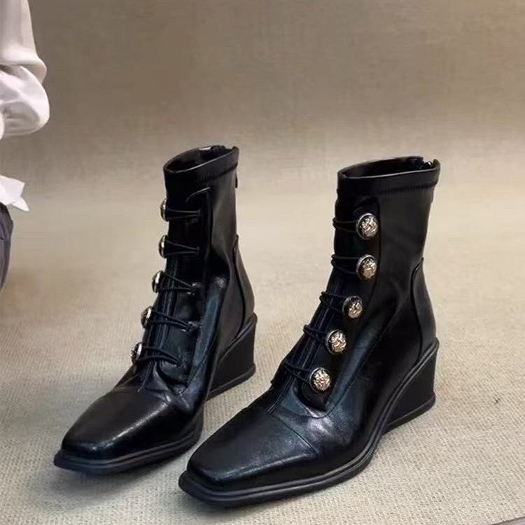 Handmade Mid French Style Retro Patchwork Square Women's Leather Boots