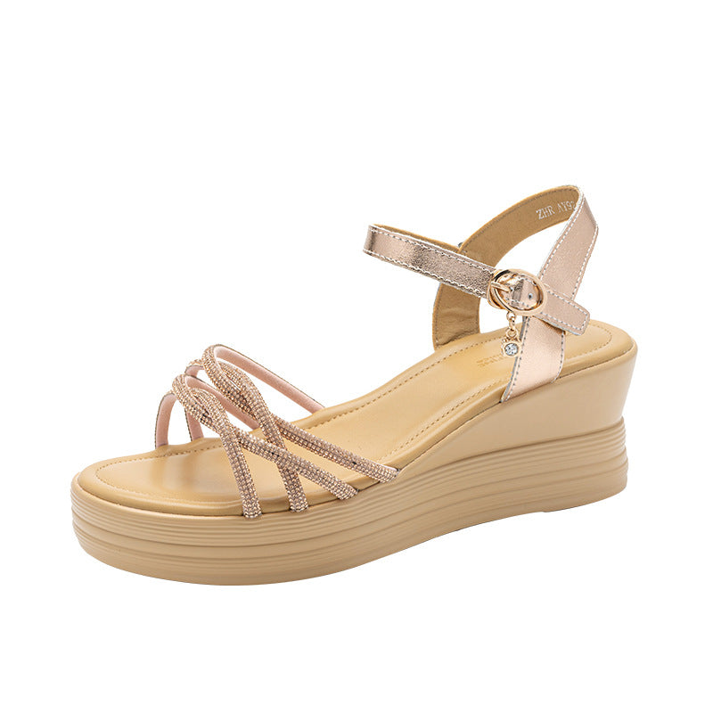 Women's Thin Strap Rhinestone Wedge Korean Platform Sandals