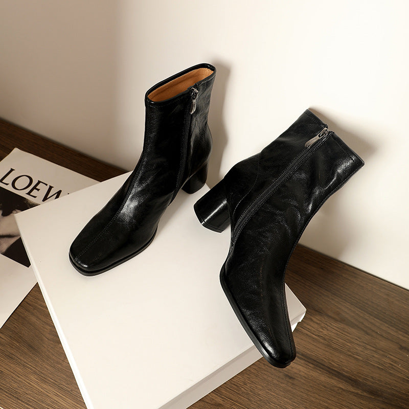 Women's Square Toe Chunky Side Zip Martin For Early Heels