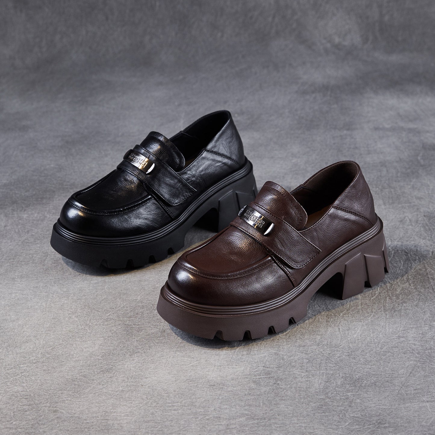 Women's Platform Autumn Light Luxury Cowhide Small Versatile Metal Loafers