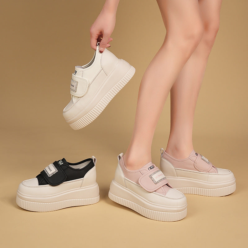 Women's White Spring Velcro Muffin Thick-soled Lightweight Sneakers