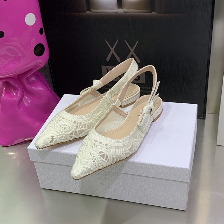 Women's Letter Lace Wedding Mesh Flat Kitten Pointed Sandals