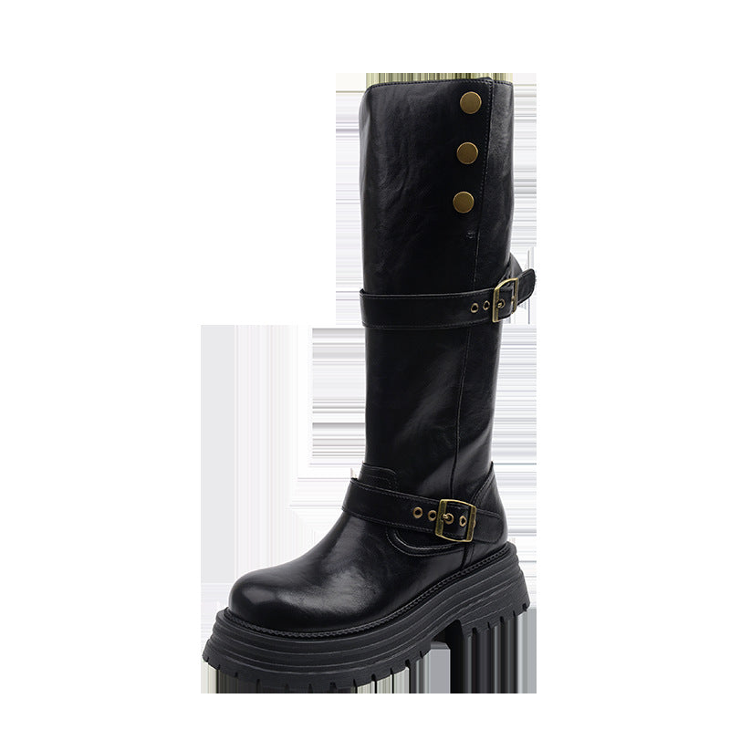 Women's Retro Platform Long Thick Leg Widened Tall Women's Leather Boots