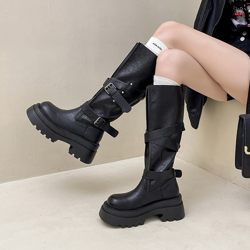 Women's Buckle Motorcycle Autumn Fashion Design Sense Small Thick Bottom Women's Leather Boots