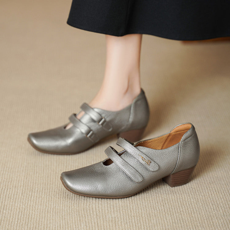 Elegant Soft Sheepskin Square Toe Mary Jane Low Velcro Deep Women's Fashion Shoes