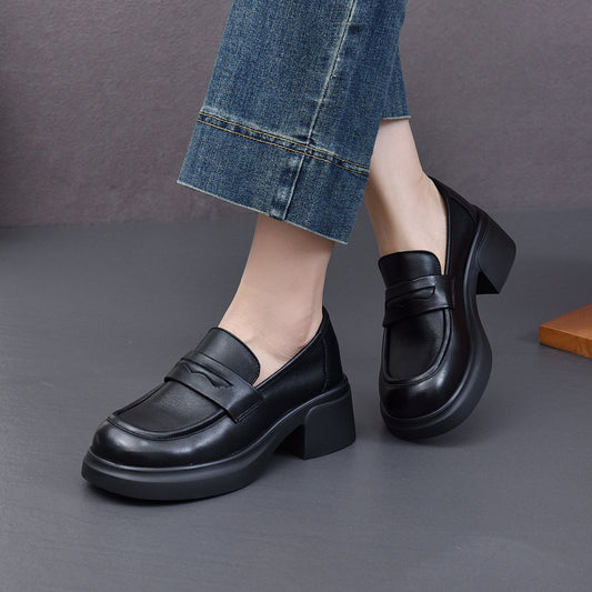 Women's First Layer Cowhide Black British Style Platform Autumn Loafers