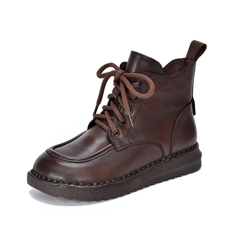 Women's Layer Of Cowhide Soft Bottom Retro Round Toe Flat Women's Leather Boots