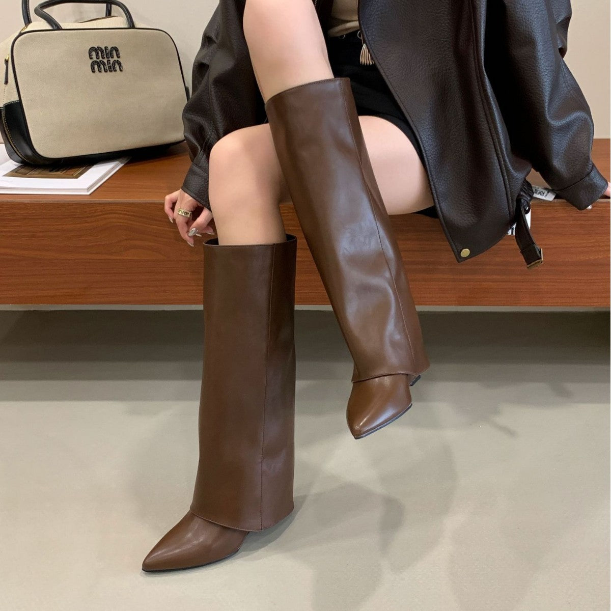 Women's Pointed Toe High Riding Wedge Pants Below Women's Leather Boots