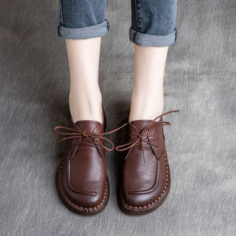 Spring Ethnic Style Vintage Cowhide Low Soft Bottom Women's Casual Shoes