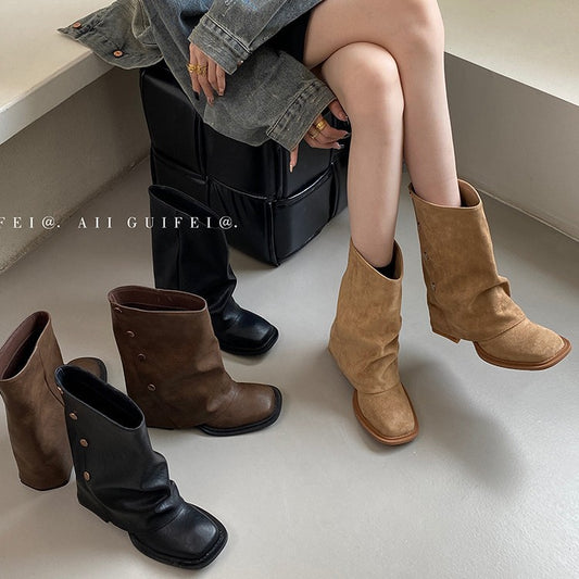 Square Toe Chunky Short Female French Retro Bootie Western Suede Women's Leather Boots