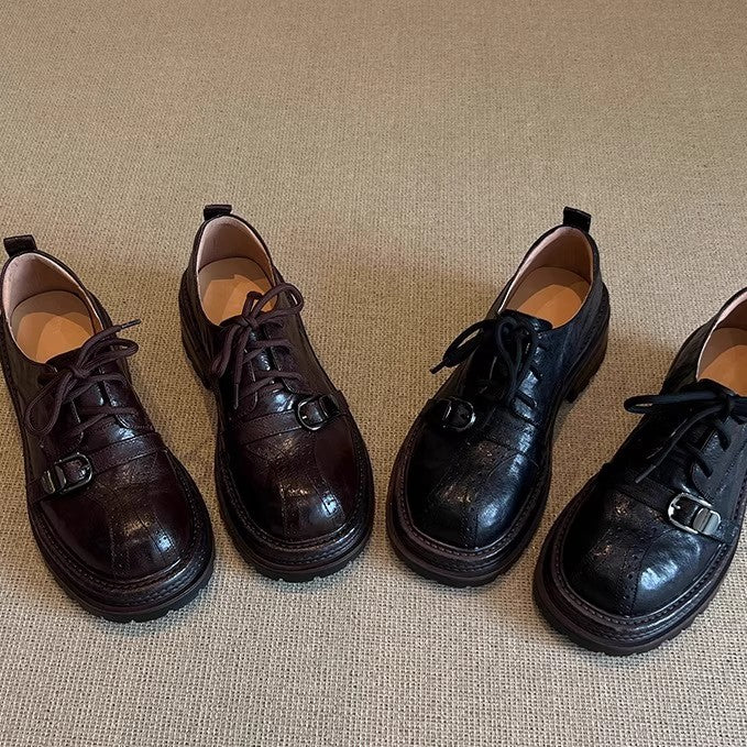 Women's Thick-soled Metal Strap British Small Black Leather Shoes